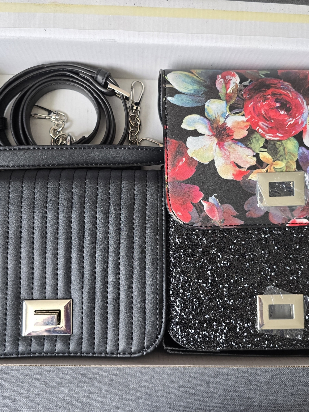 Black Quilted  Bag with Floral Glitter Accent